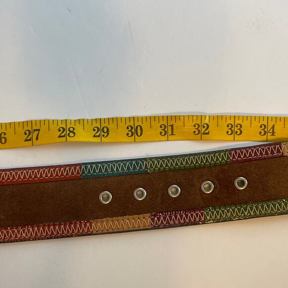 Brown Genuine Suede Leather Belt with Multcolor Trim Womens Small Wide Boho - Picture 9 of 9